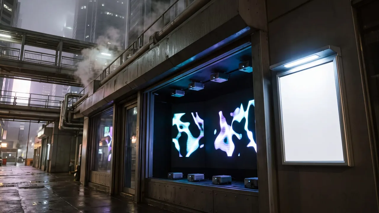 Arte digital projetada em telas de uma vitrine vista da rua, à noite