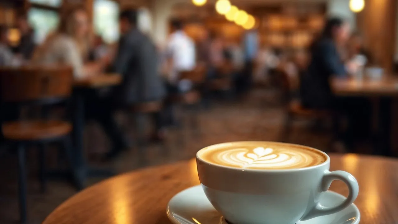 Xícara de café com latte art em uma cafeteria aconchegante