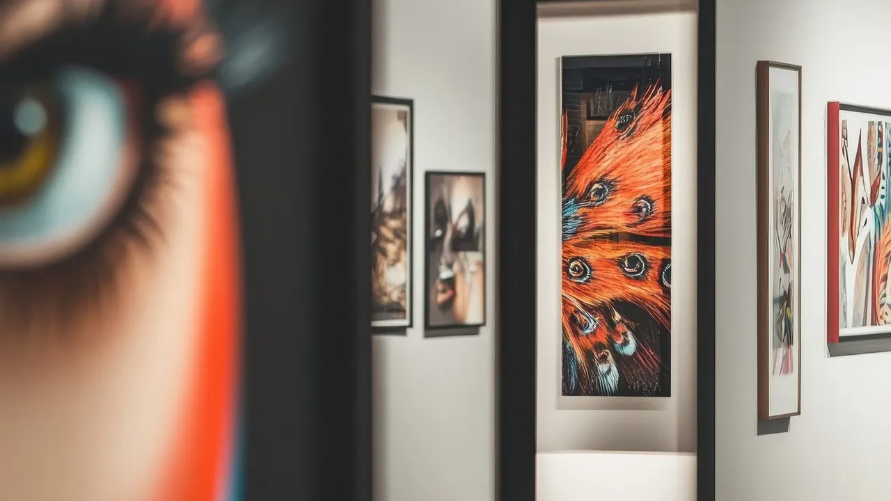 Quadros emoldurados expostos na parede de uma galeria de arte