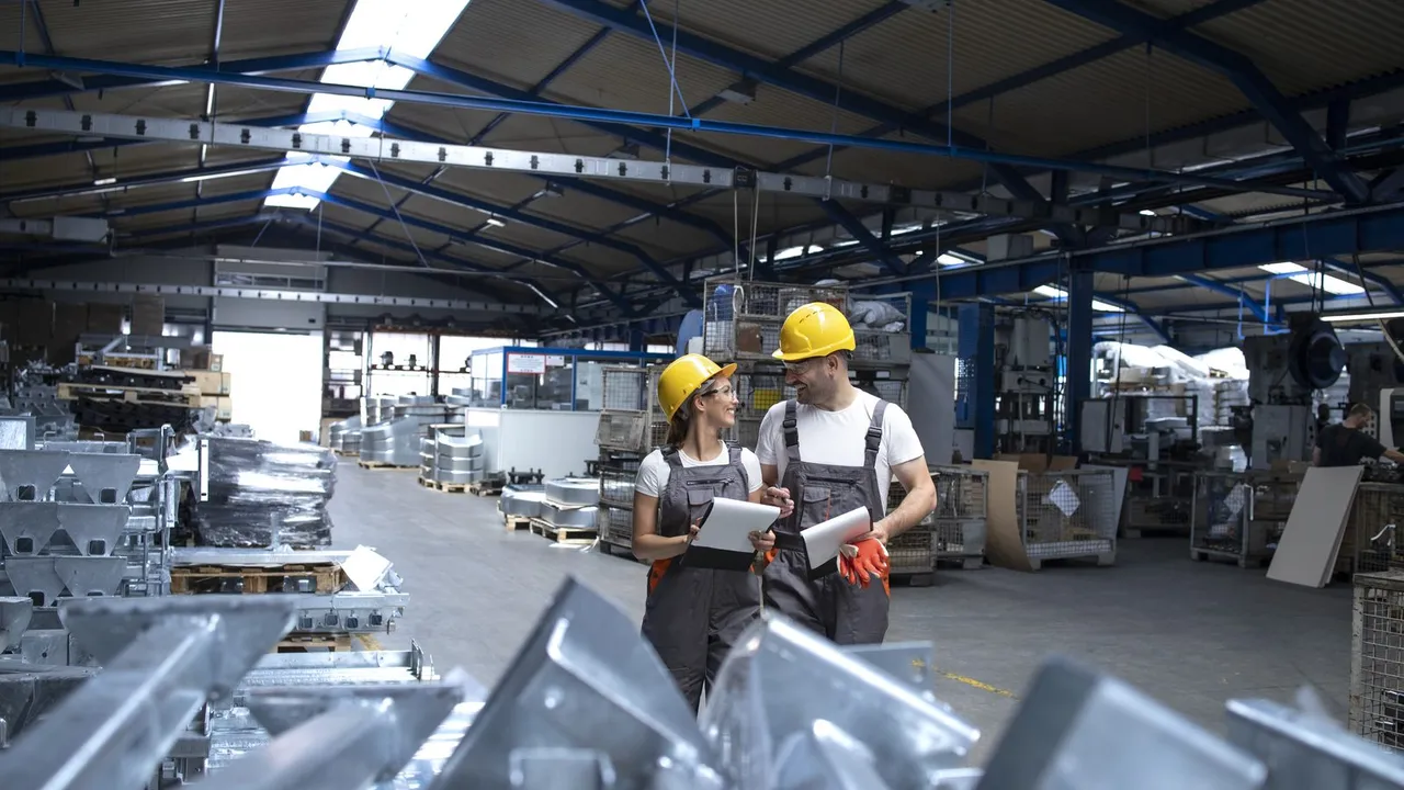 Trabalhadores em um galpão de produção industrial