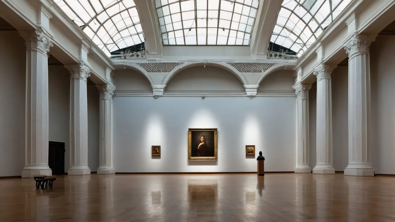 Salão amplo de museu com obra de arte iluminada
