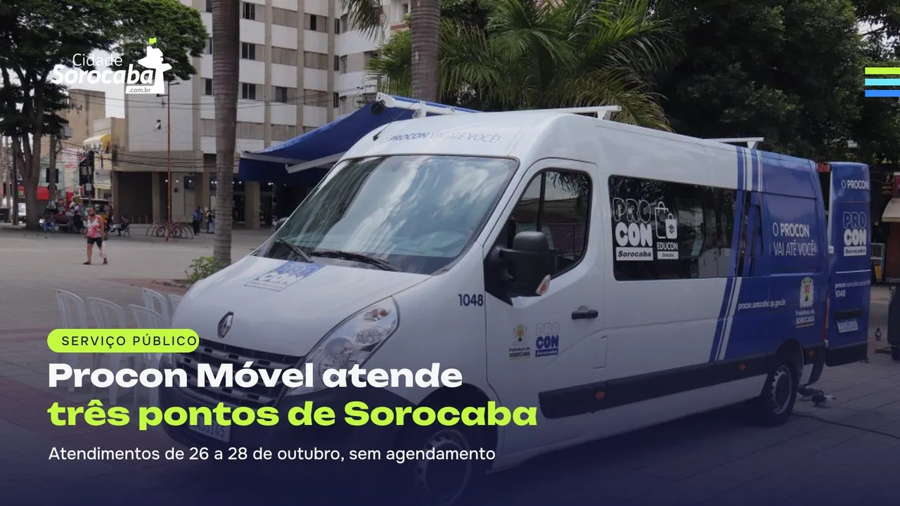 Unidade itinerante do Procon Sorocaba estacionada em uma praça no Centro