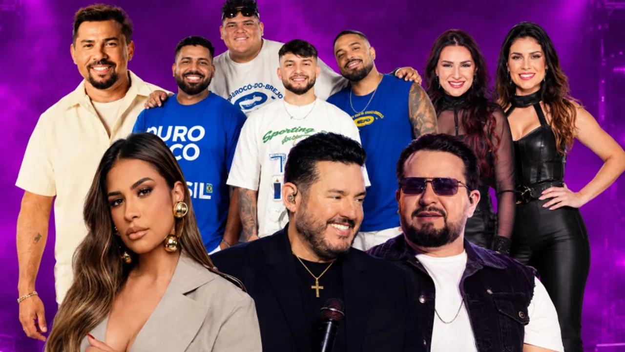 Montagem de divulgação com artistas do São Roque Fest posando sobre fundo roxo com luzes de palco