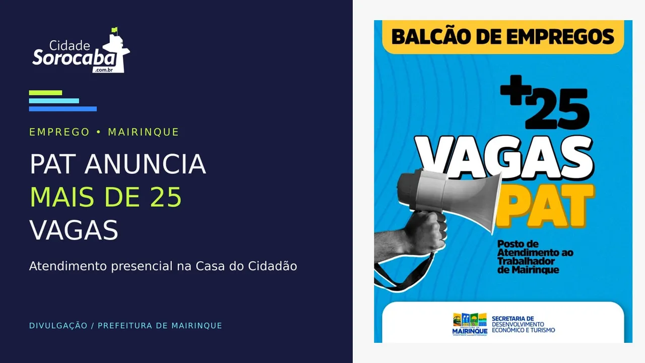 Arte oficial azul e amarela do Balcão de Empregos anunciando mais de 25 vagas no PAT de Mairinque