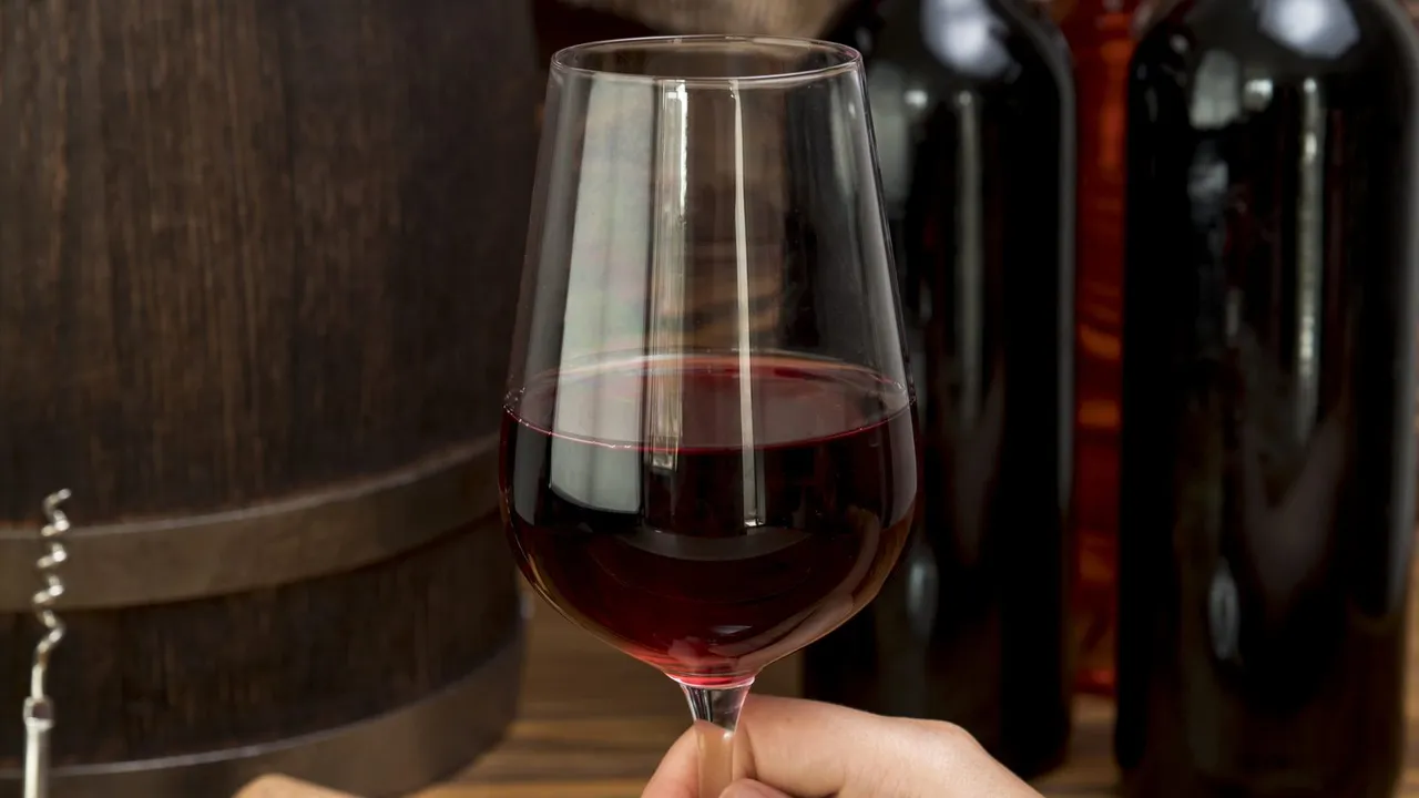Taça de vinho com garrafas e barril em uma vinícola